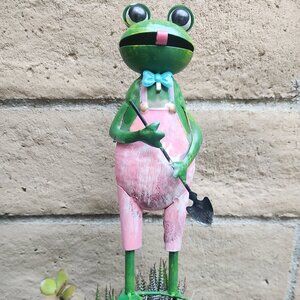 Whimsical Metal Frog With Garden Shovel Statue 15' H